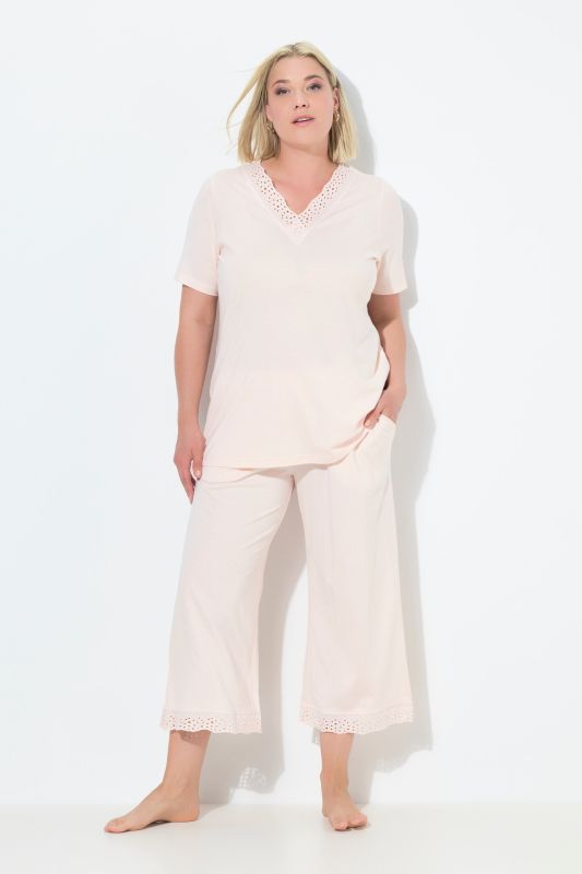 Pyjama en modal mélangé, T-shirt à manches courtes, broderie ajourée