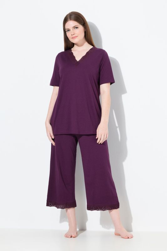 Pyjama en modal mélangé, T-shirt à manches courtes, broderie ajourée