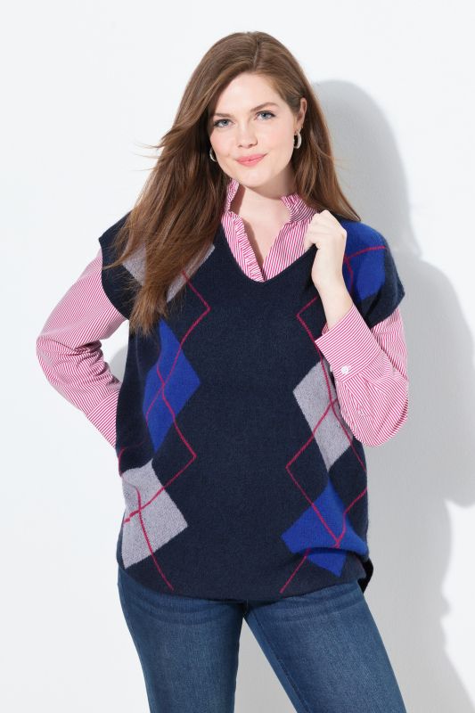 Pull sans manches, motif losanges, encolure en V