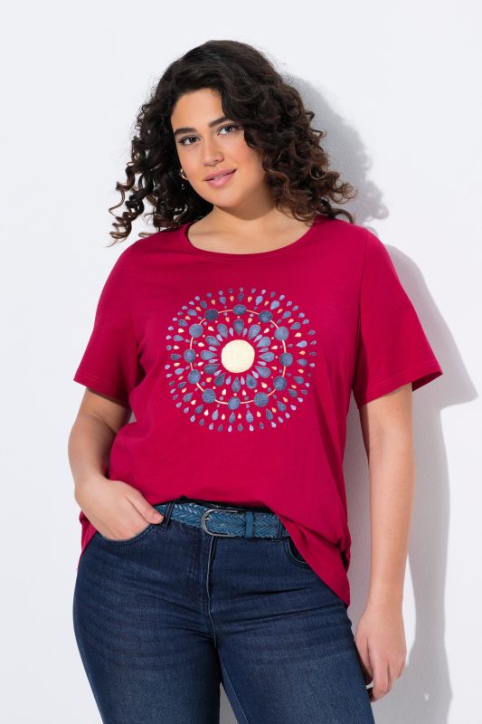 T-shirt motif mandala à col rond et manches courtes, coupe évasée