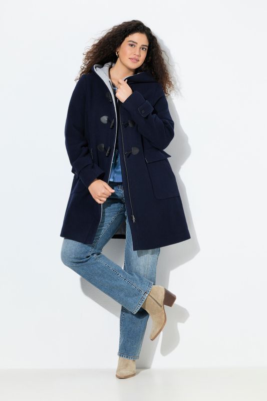 Duffle-coat en laine mélangée, silhouette en A avec capuche et boutons Brandebourg