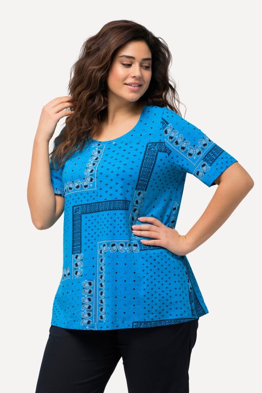 T-shirt en coton bio à motif patchwork, avec col rond et manches courtes - silhouette évasée