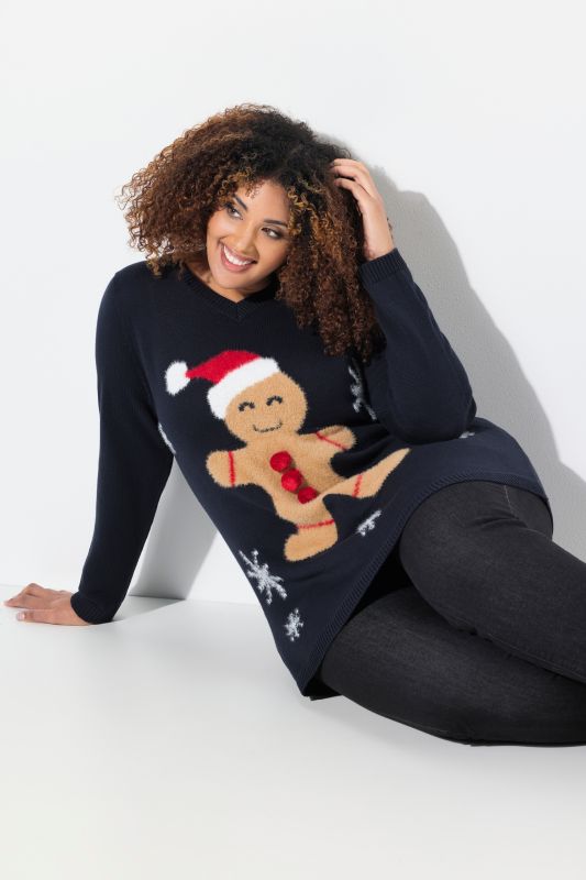 Pull de Noël à col en V et manches longues, motif bonhomme en pain d'épices