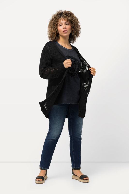 Cardigan long. Coupe ouverte, encolure V. Effet filet