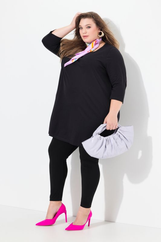 T-shirt long, coupé évasée, décolleté carré et manches 3/4
