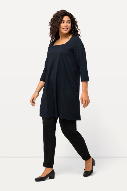 T-shirt long, coupé évasée, décolleté carré et manches 3/4