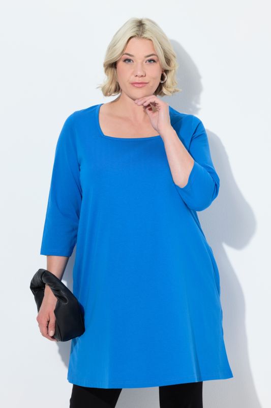 T-shirt long, coupé évasée, décolleté carré et manches 3/4