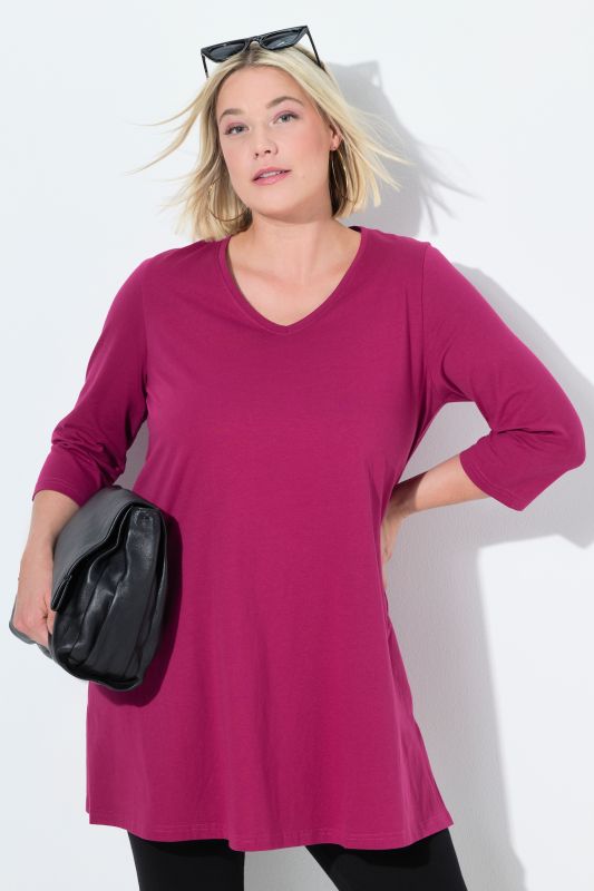 T-shirt long, coupe évasée, décolleté en V et manches 3/4