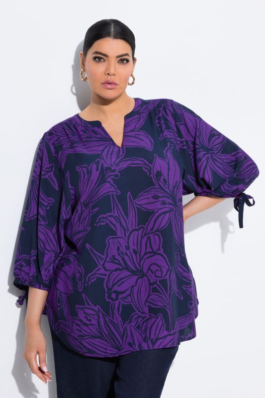 Tunique à fleurs, décolleté rond et manches 3/4, coupe évasée