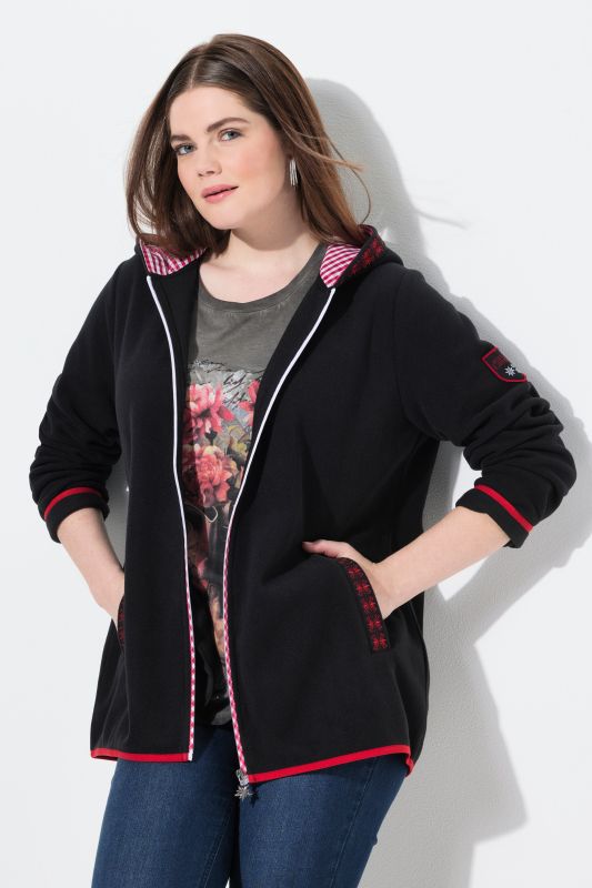Veste en polaire inspirée du costume traditionnel bavarois, avec capuche, broderie fantaisie et manches longues