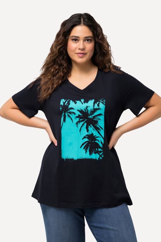 T-shirt à motif palmiers, ligne A. Col V et manches courtes
