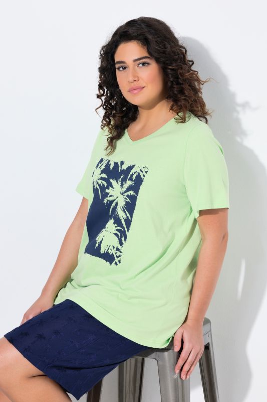 T-shirt à motif palmiers, ligne A. Col V et manches courtes