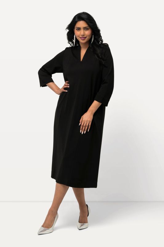 Robe midi point de Rome, manches 3/4, col calice et décolleté en V