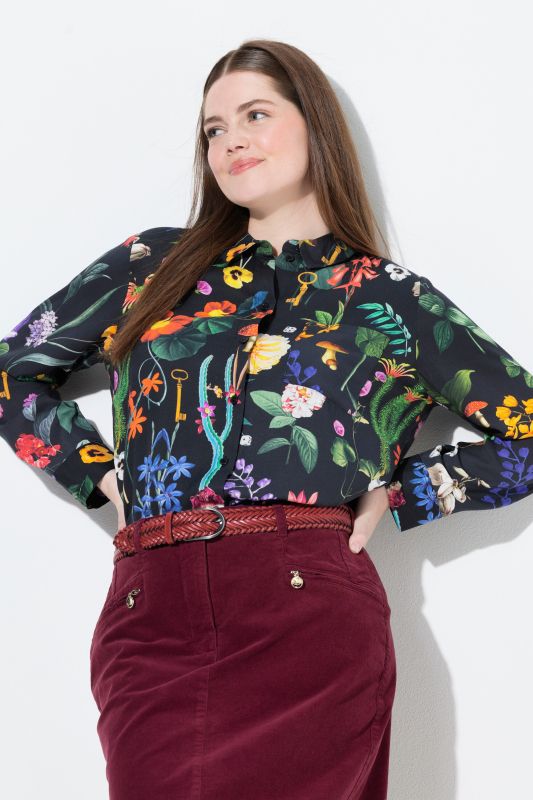 Chemisier imprimé champêtre, col chemise, manches longues