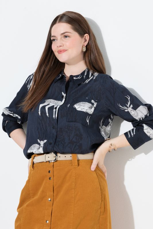 Chemisier imprimé champêtre, col chemise, manches longues