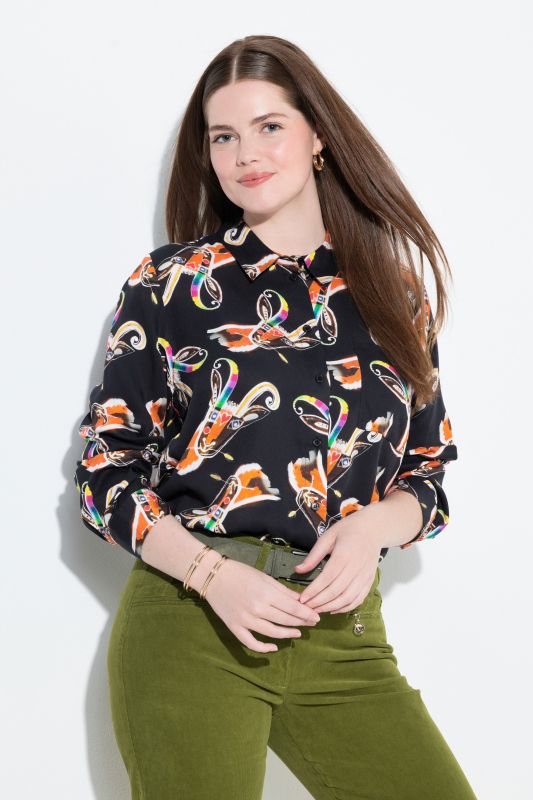 Chemisier imprimé champêtre, col chemise, manches longues