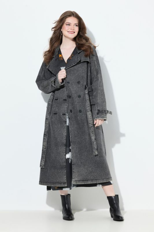 Trench-coat en jean, style vintage, col à revers et double rangée de boutons