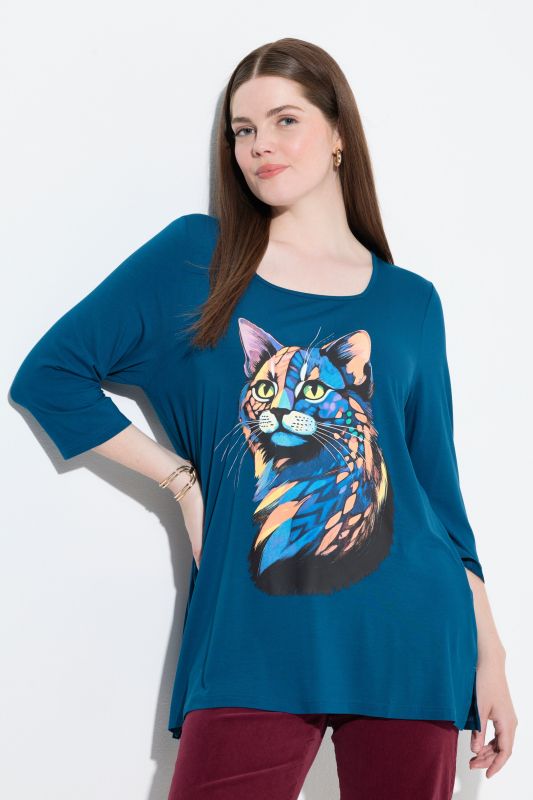 T-shirt encolure carrée et manches 3/4, coupe évasée, motif animal