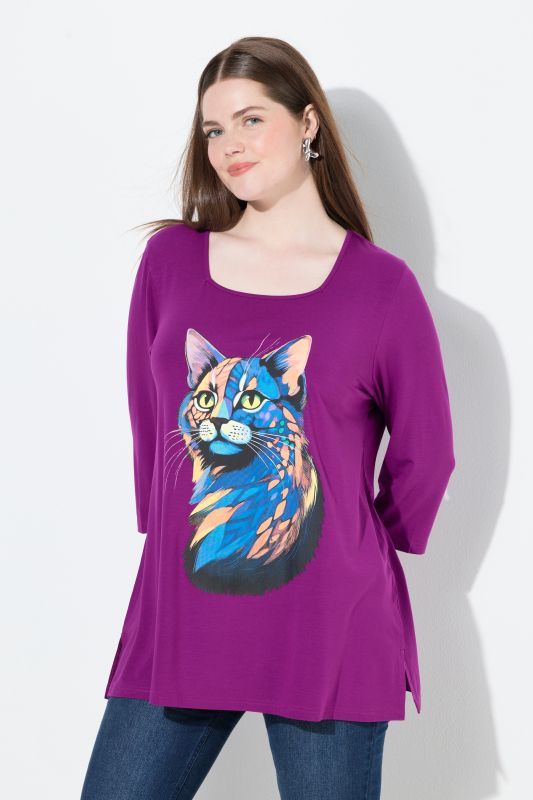 T-shirt encolure carrée et manches 3/4, coupe évasée, motif animal