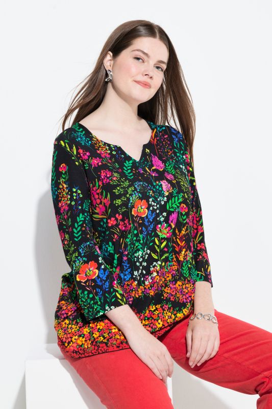 T-shirt col tunisien et manches 3/4, motif champêtre et coupe évasée