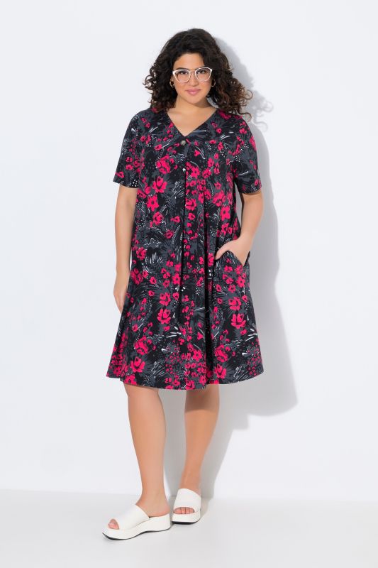 Robe midi en jersey, col en V et manches courtes, coupe évasée