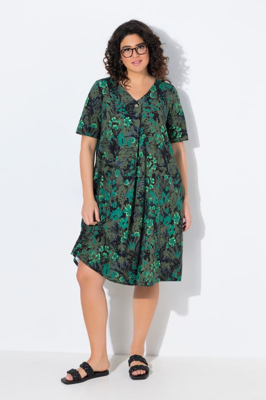 Robe midi en jersey, col en V et manches courtes, coupe évasée