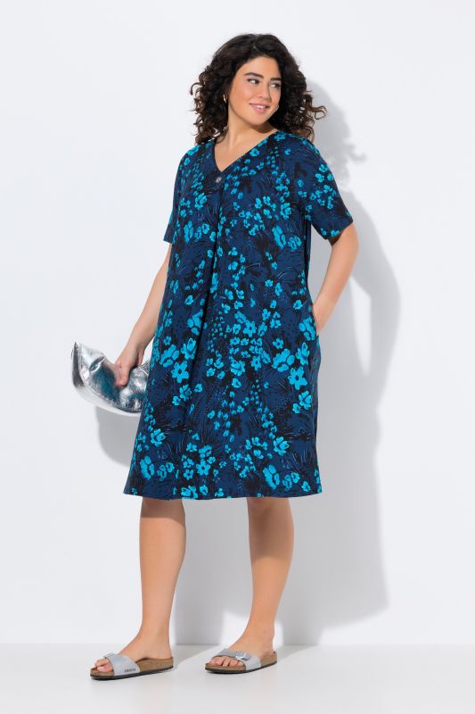 Robe midi en jersey, col en V et manches courtes, coupe évasée