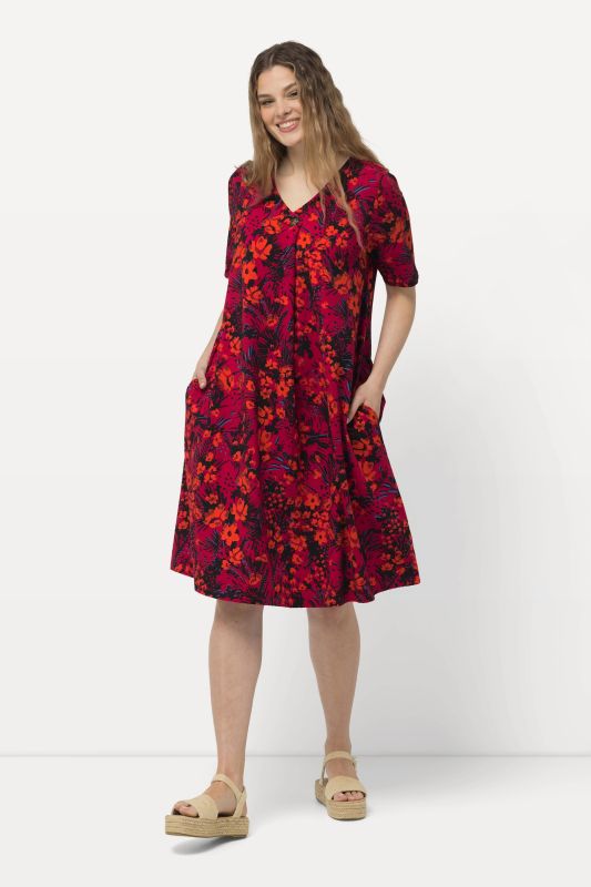 Robe midi en jersey, col en V et manches courtes, coupe évasée