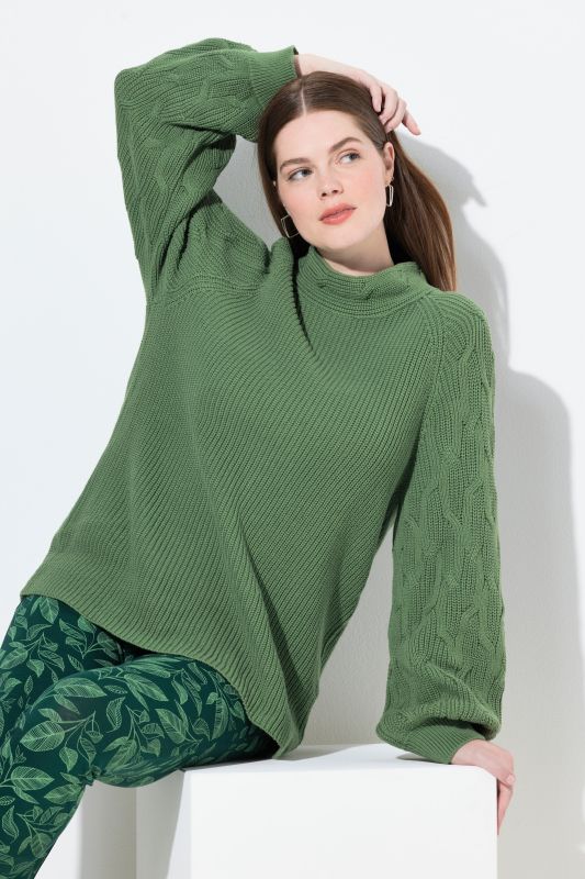 Pull en coton bio, col montant et manches longues, mailles torsadées