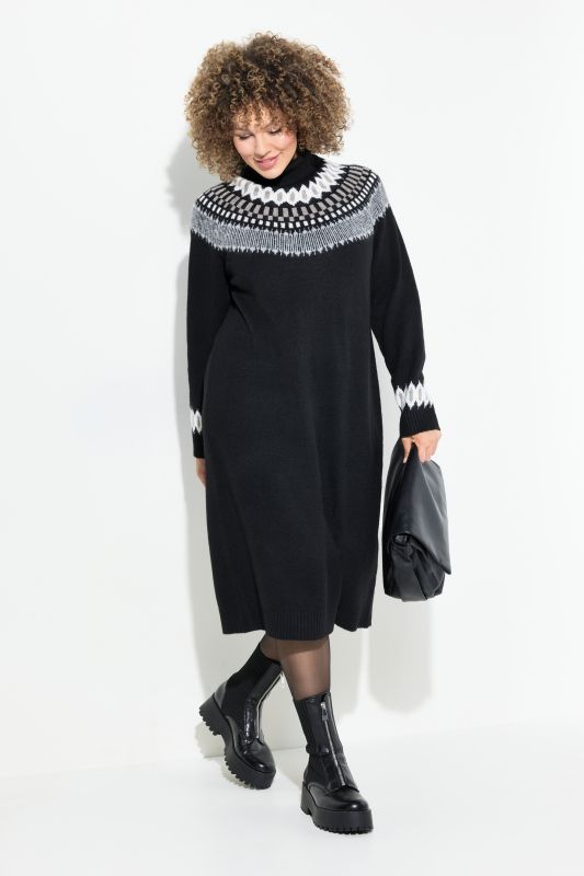 Robe en maille à manches longues, col roulé et motif norvégien.