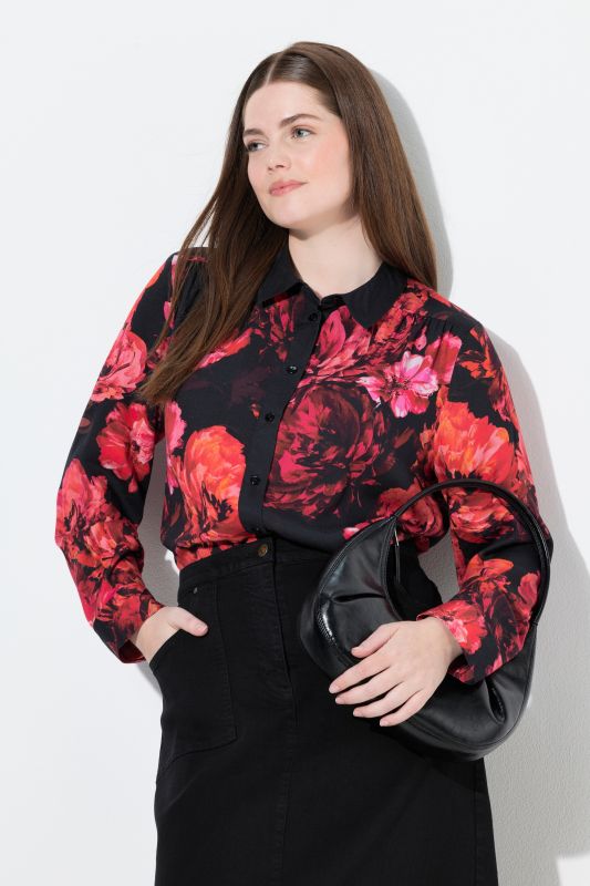 Chemisier motif roses, col chemise et manches longues