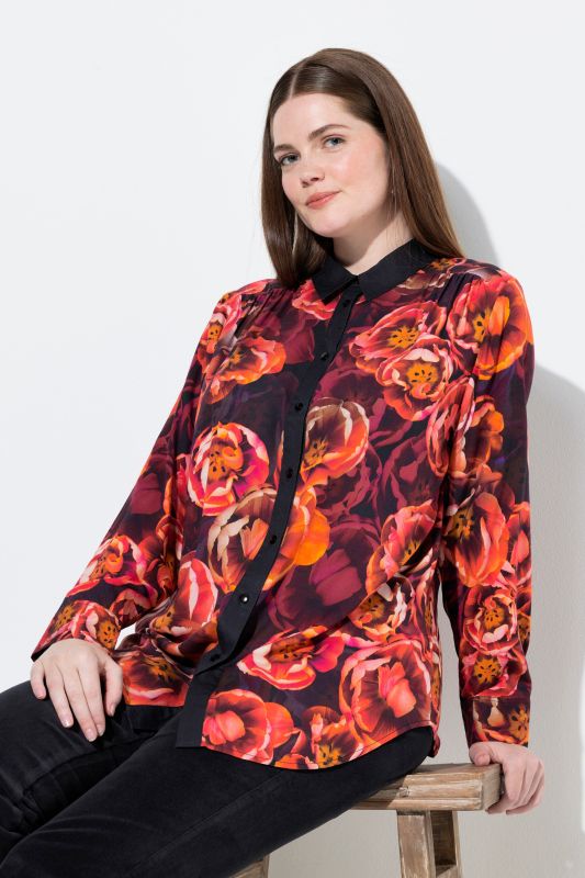 Chemisier motif roses, col chemise et manches longues
