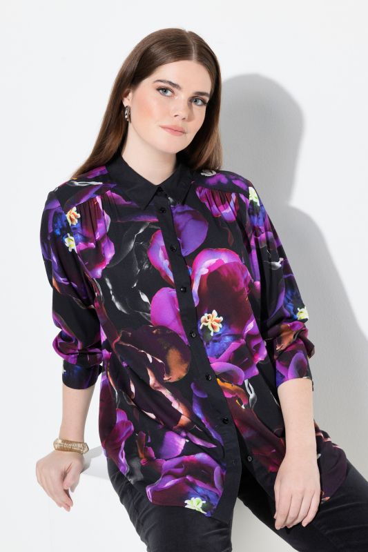Chemisier motif roses, col chemise et manches longues