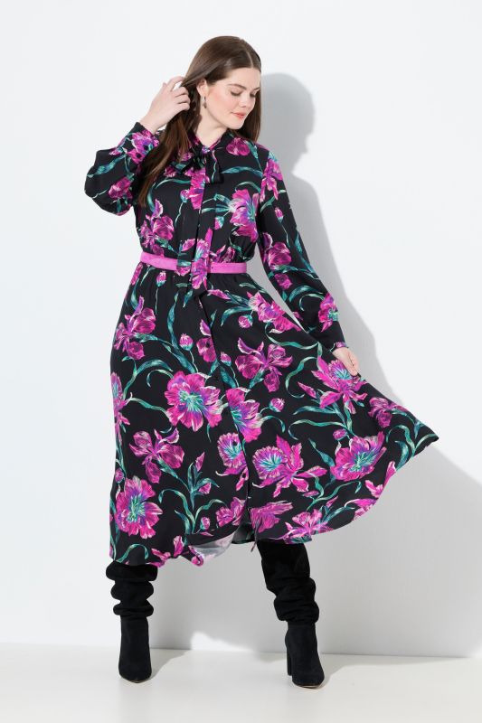 Robe maxi à manches longues, encolure en V et lavallière, coupe évasée