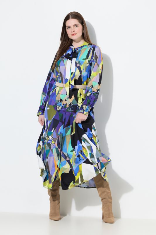 Robe maxi à manches longues, encolure en V et lavallière, coupe évasée