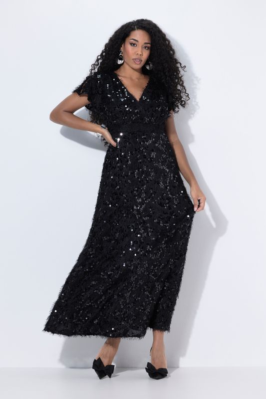 Robe de soirée avec franges et paillettes, manches courtes, décolleté en V