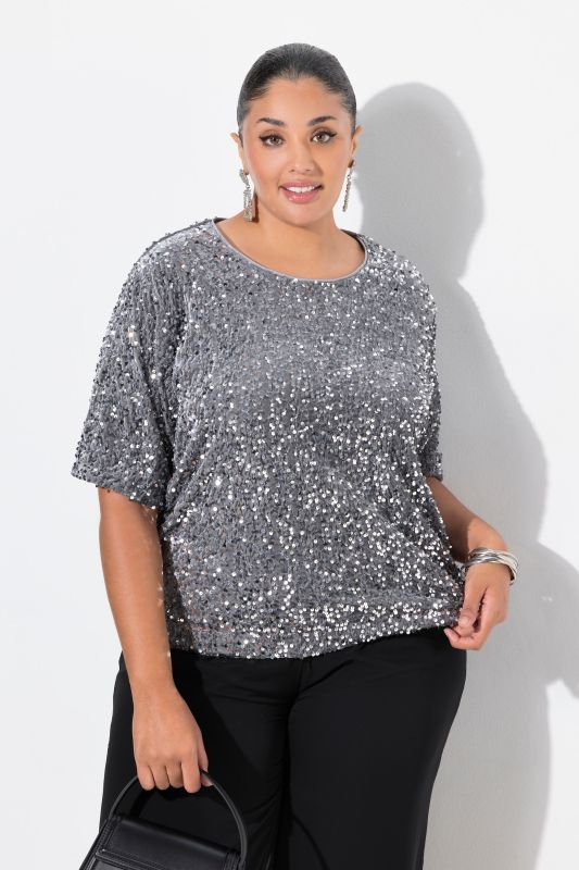 Blouse en velours à paillettes, col rond et manches courtes