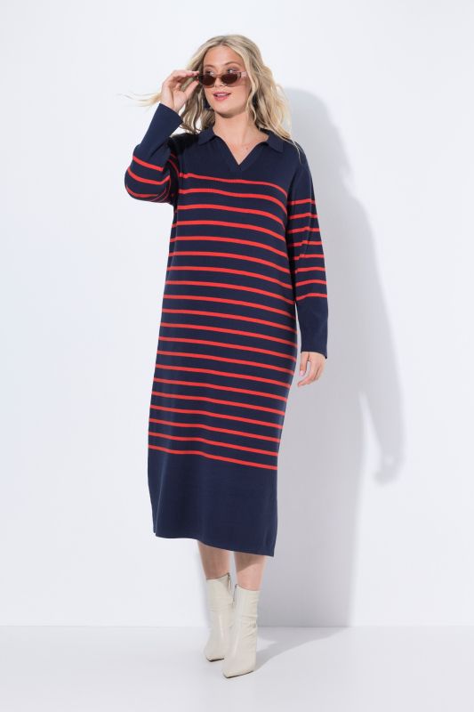 Robe midi en maille, col et encolure en V, manches longues et rayures