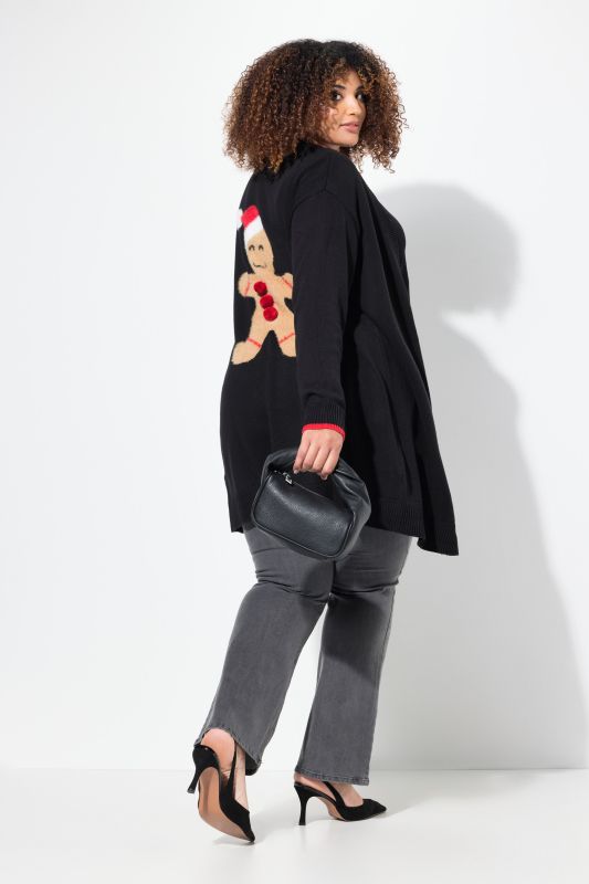 Cardigan ouvert à encolure en V, motif bonhomme en pain d'épices
