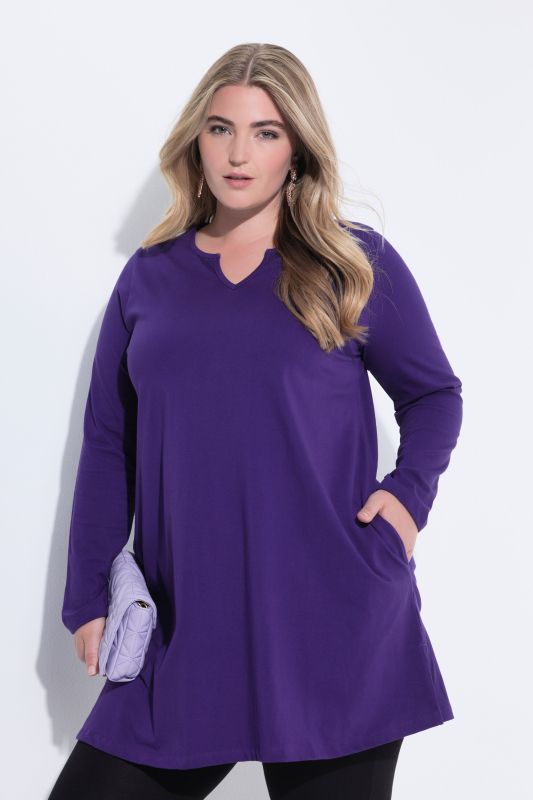 T-shirt long, col tunisien et manches longues, coupe évasée