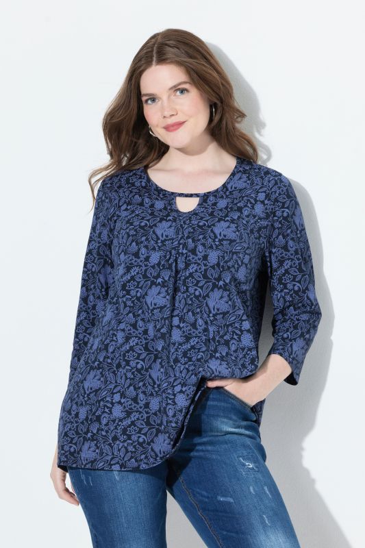 T-shirt à fleurs, décolleté rond et manches 3/4, coupe évasée
