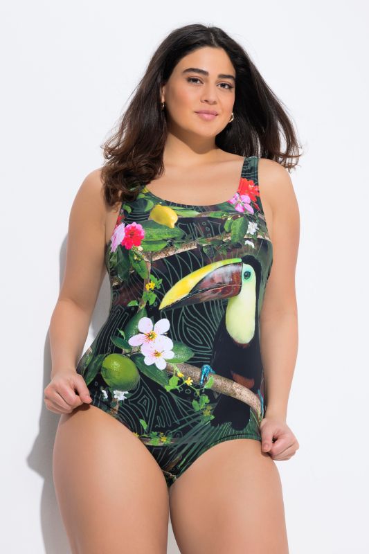 Maillot de bain, motif toucan, sans bonnets souples, col rond