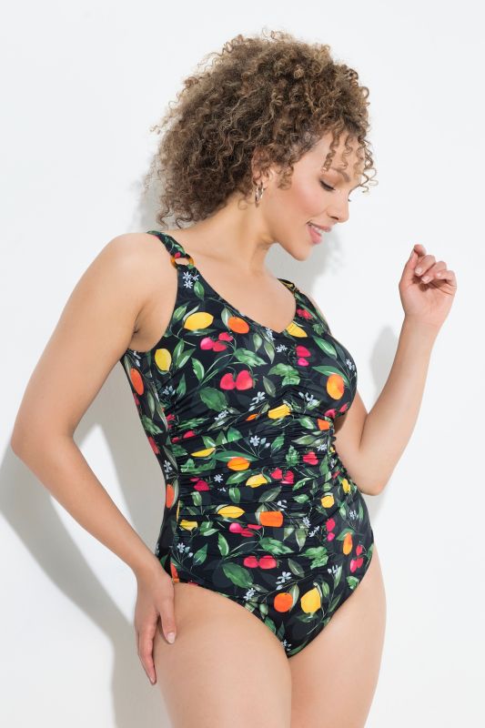 Maillot de bain, motif fruits, fronces, bonnets souples, matière recyclée