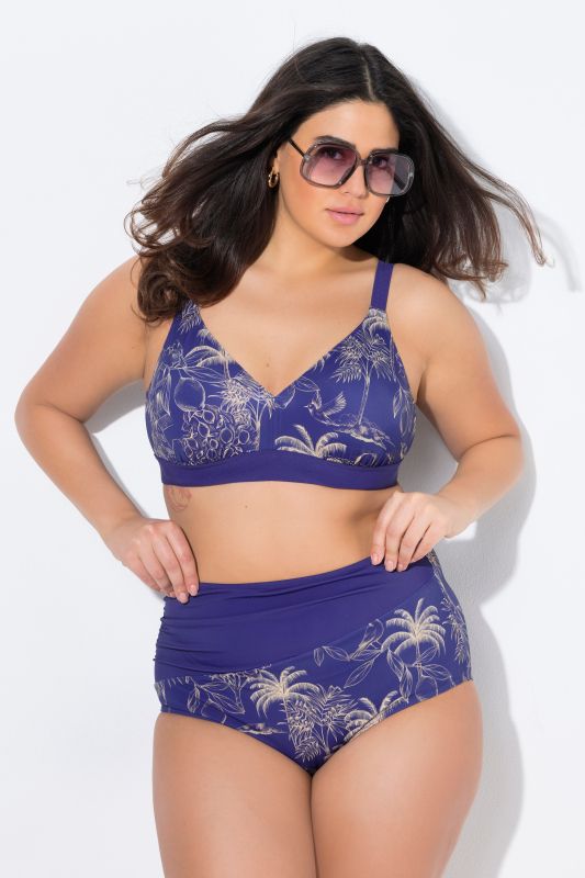 Bikini, motif palmiers, sans bonnets souples, bretelles réglables, matière recyclée