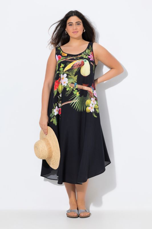 Robe midi, motif toucan, forme évasée, col rond, sans manches