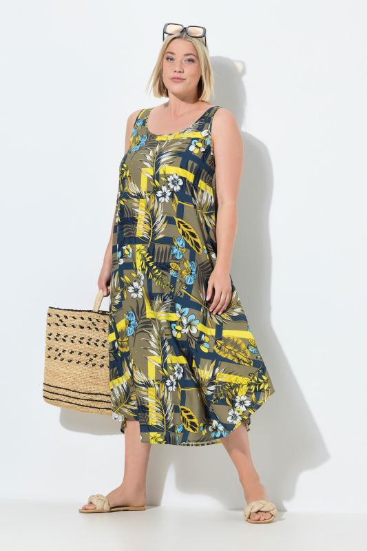 Robe midi sans manches, décolleté rond et coupe évasée, motif jungle
