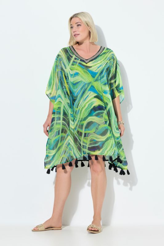 Tunique en mousseline, coupe oversize, décolleté en V et manches courtes, joli motif vagues