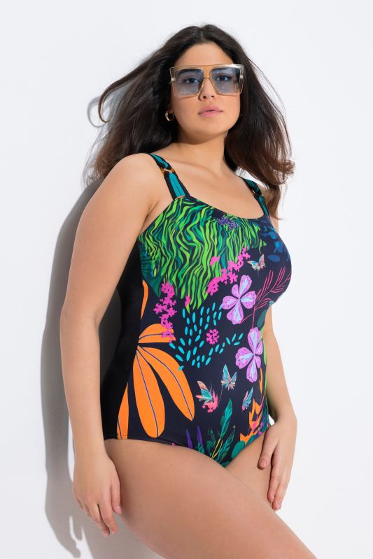 Maillot de bain, motif à fleurs, bretelles quadruples, bonnets souples, matière recyclée