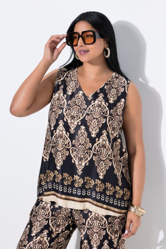 Blouse sans manches en satin, décolleté en V, coupe évasée