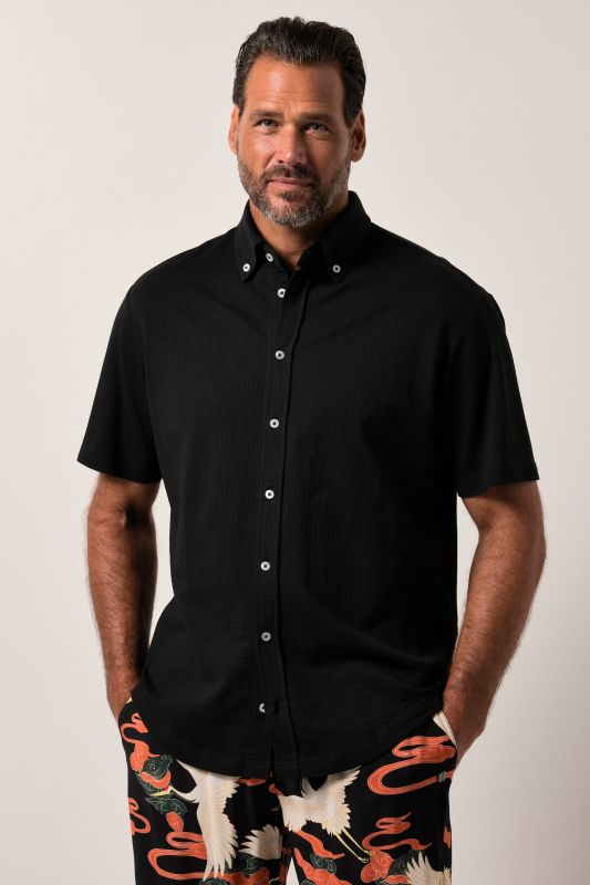 Chemise en jersey seersucker JP 1880, manches courtes et col à pointes boutonnées, coupe Modern Fit - jusqu'au 8 XL